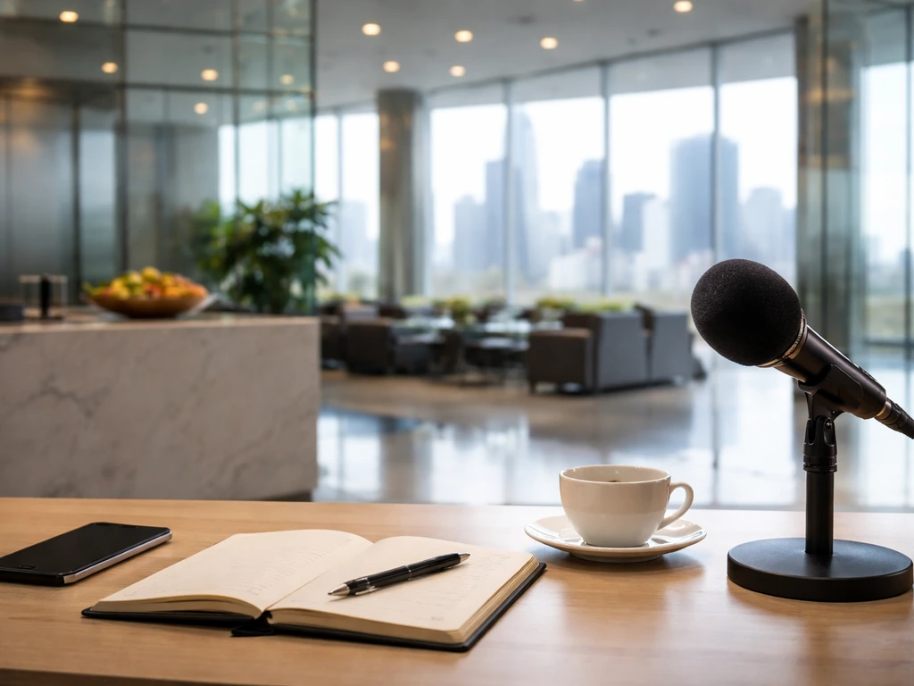 Minimal corporate lobby desk scene with open notebook and broadcast microphone, suggesting business and media analysis.
