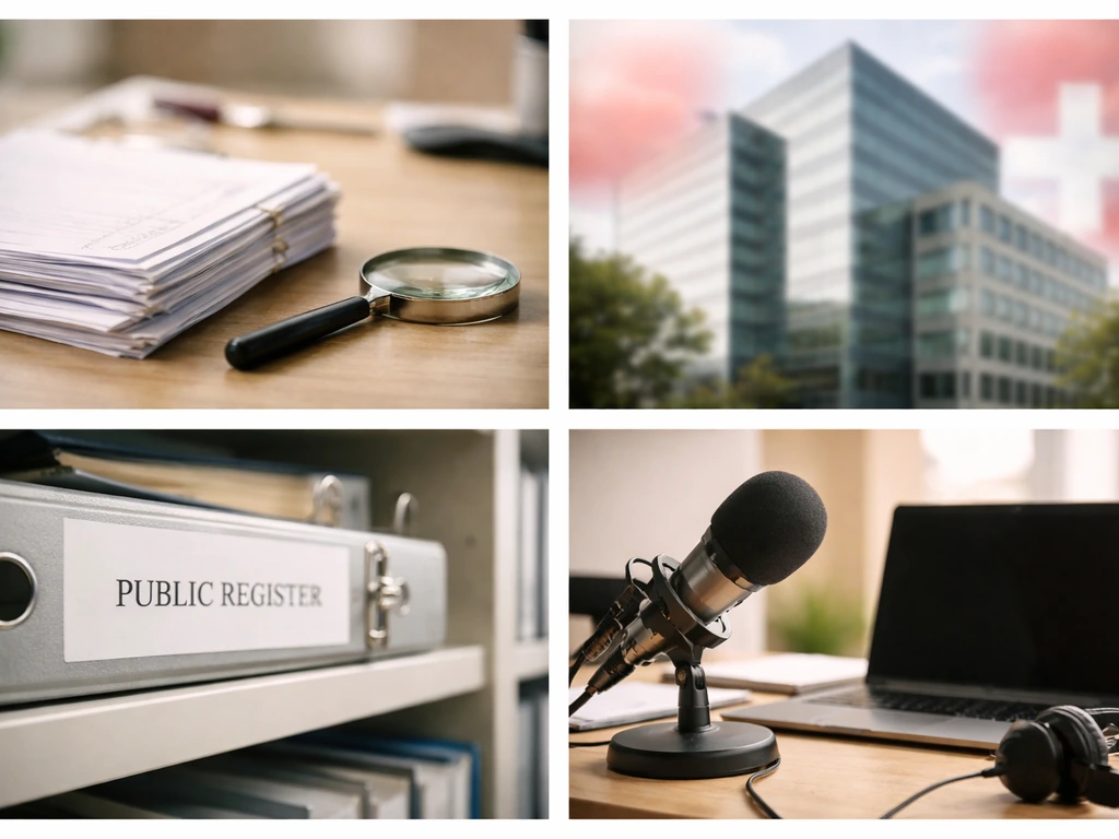Minimal collage-style scene of anonymous public records and finance sources for checking information
