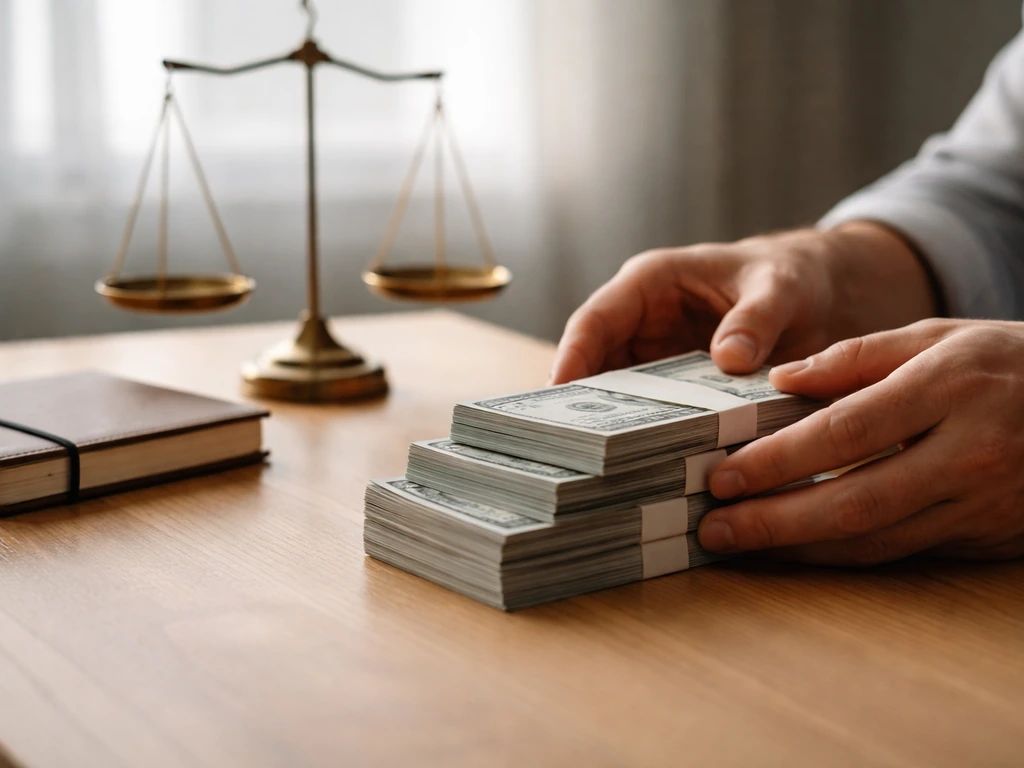 Minimal photo of a confidence-weighted balance scale with cash and a notebook on a desk