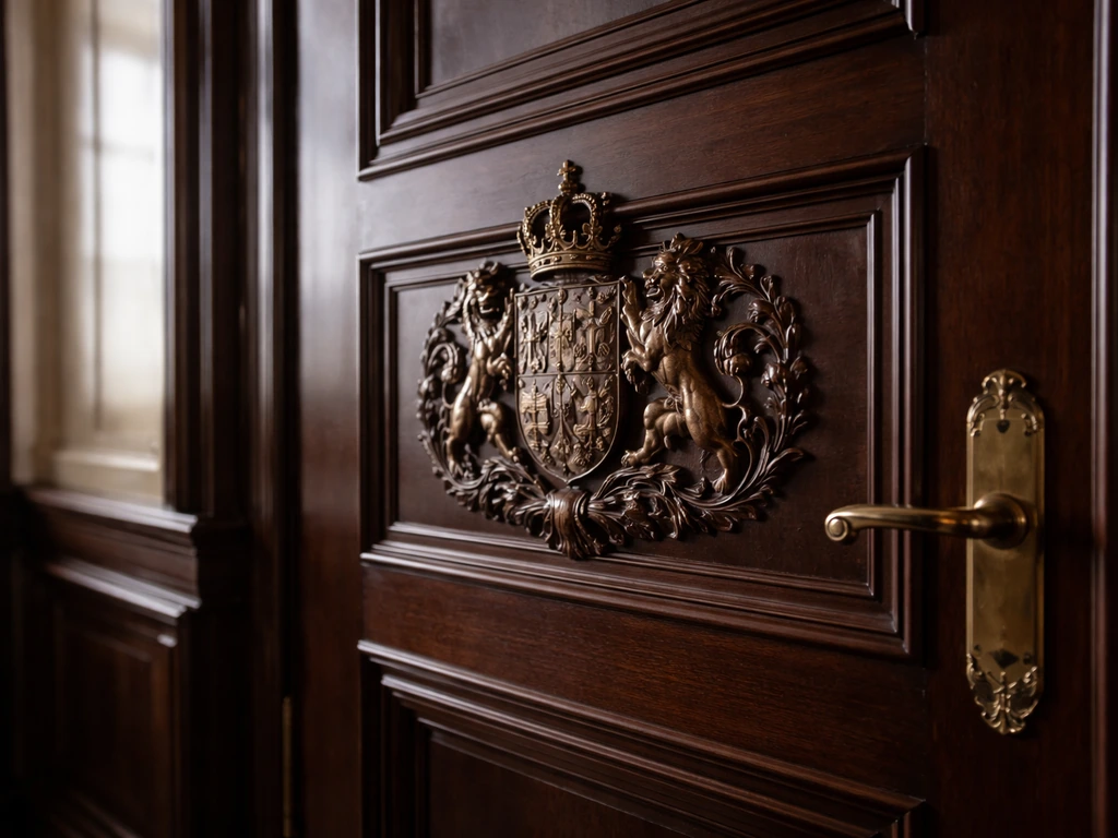 Close view of an ornate Danish royal crest on an official-looking office door, minimal and unbranded.