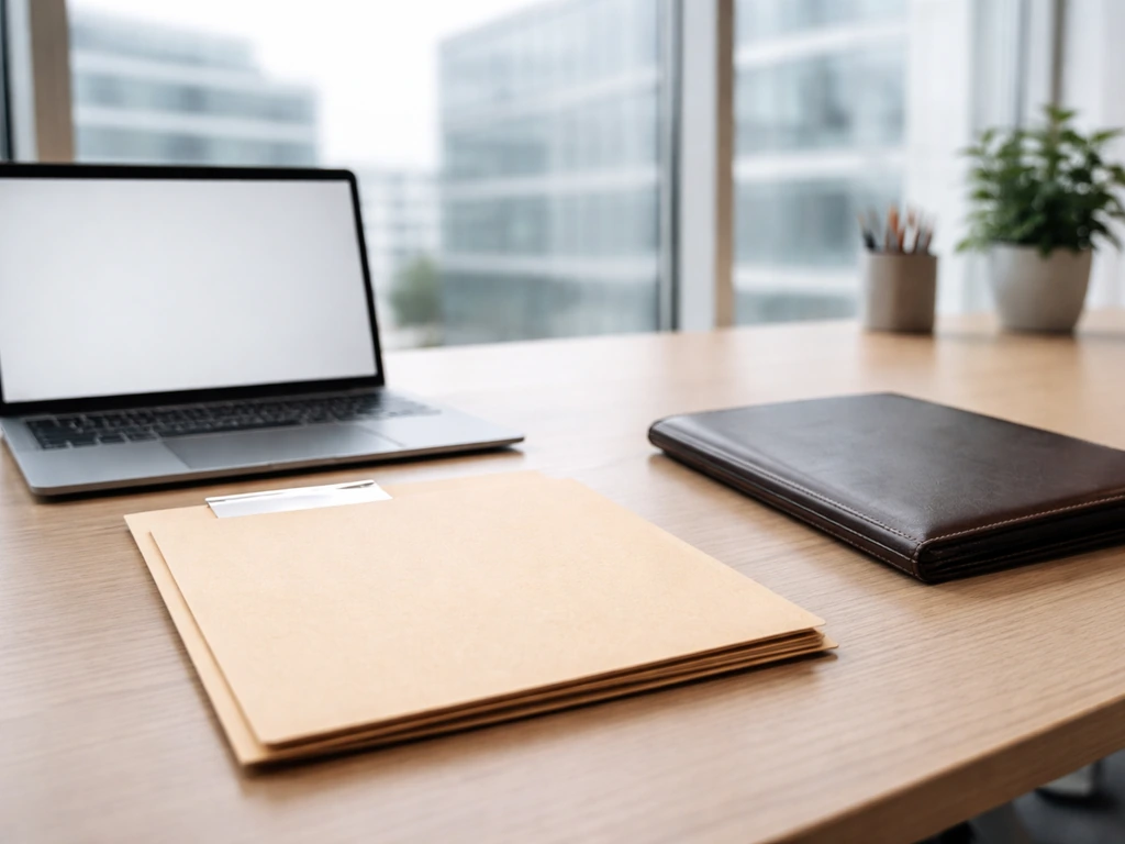 Minimal photo of a real-estate business office desk with folders, laptop, and a blurred building backdrop