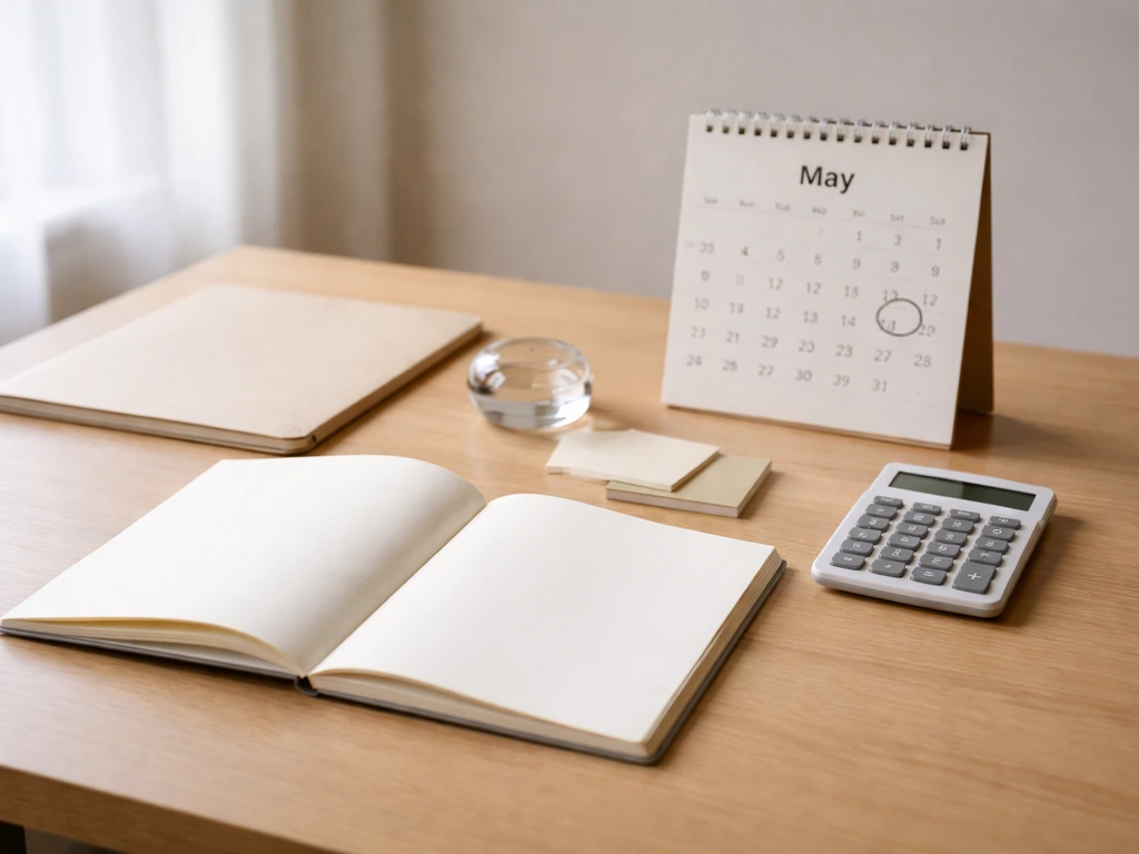 Minimal desk scene with a notebook, calculator, and calendar pages suggesting a May 2026 net-worth range explanation.