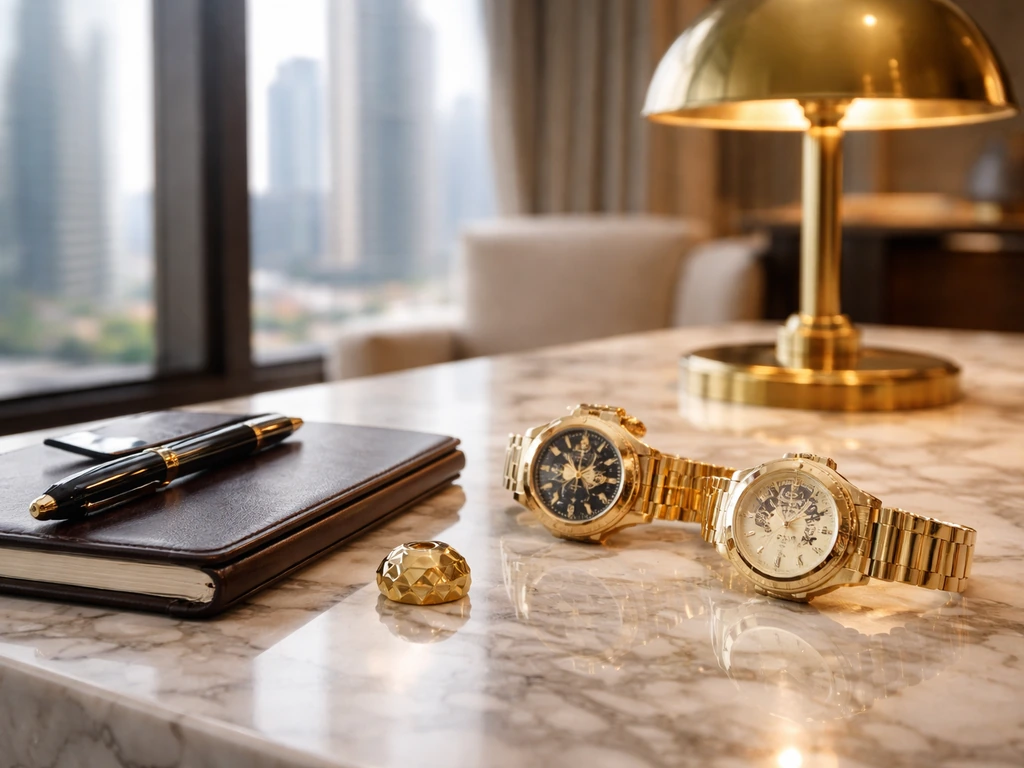 Luxury marble desk with gold accessories and pen, symbolizing wealth and finance behind a net-worth topic.