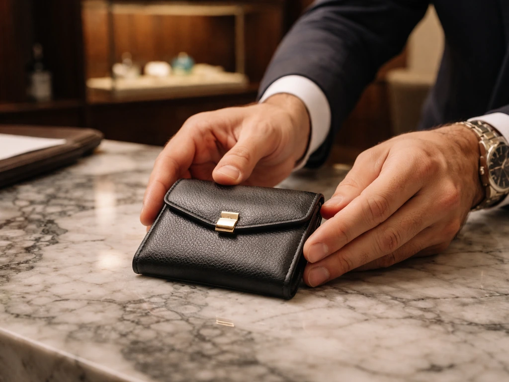 Close-up of a hands placing a Bulgari-style leather jewelry pouch on a luxury marble desk