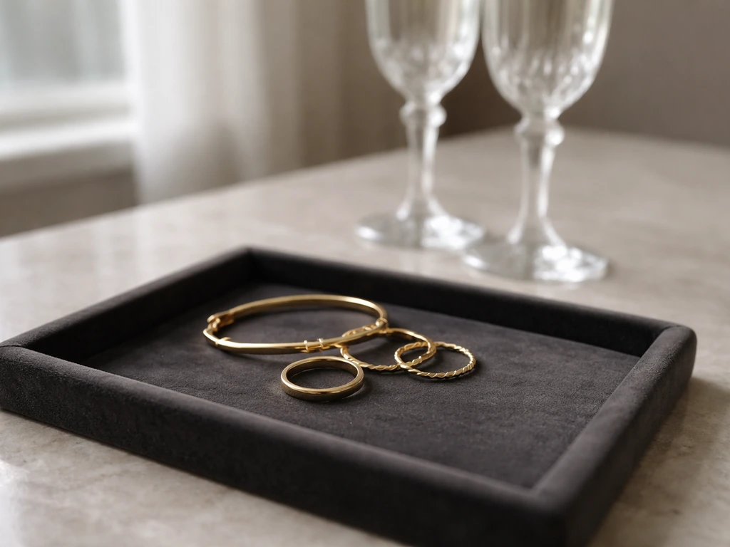 Luxury jewelry on a dark velvet tray beside soft-glowing champagne flutes, symbolizing a major 2011 deal.