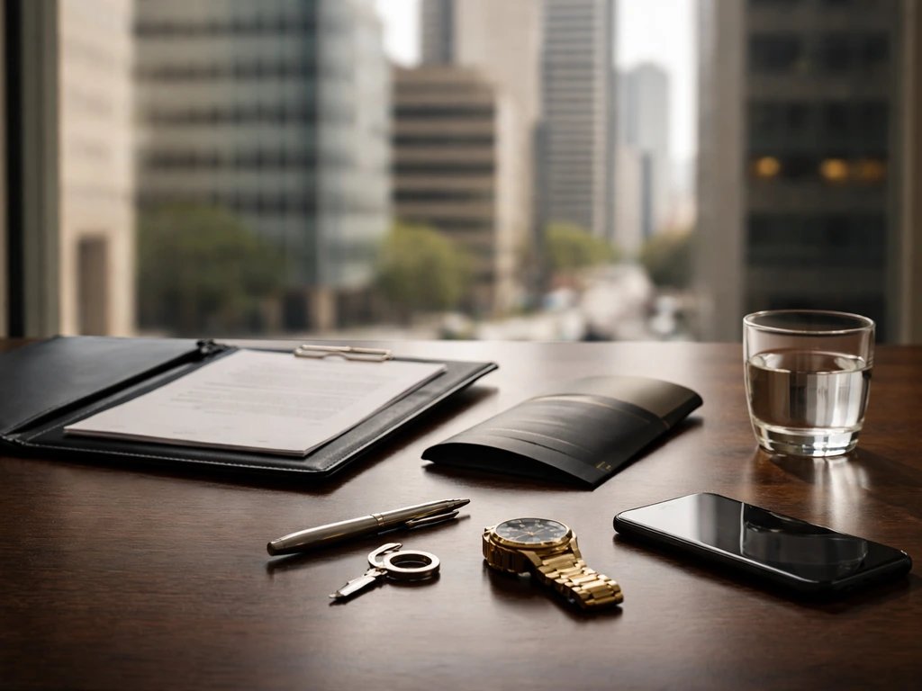 Minimal desk scene with luxury items and a blurred financial district window, symbolizing shifting wealth.