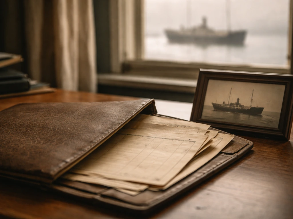 Vintage Greek shipping scene with an archival document folder and a framed ship schedule