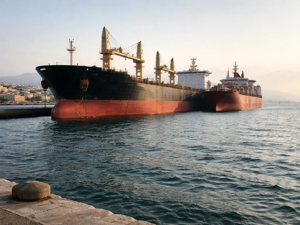 Bulk carrier at a Greek harbor with calm water, symbolizing shipping wealth