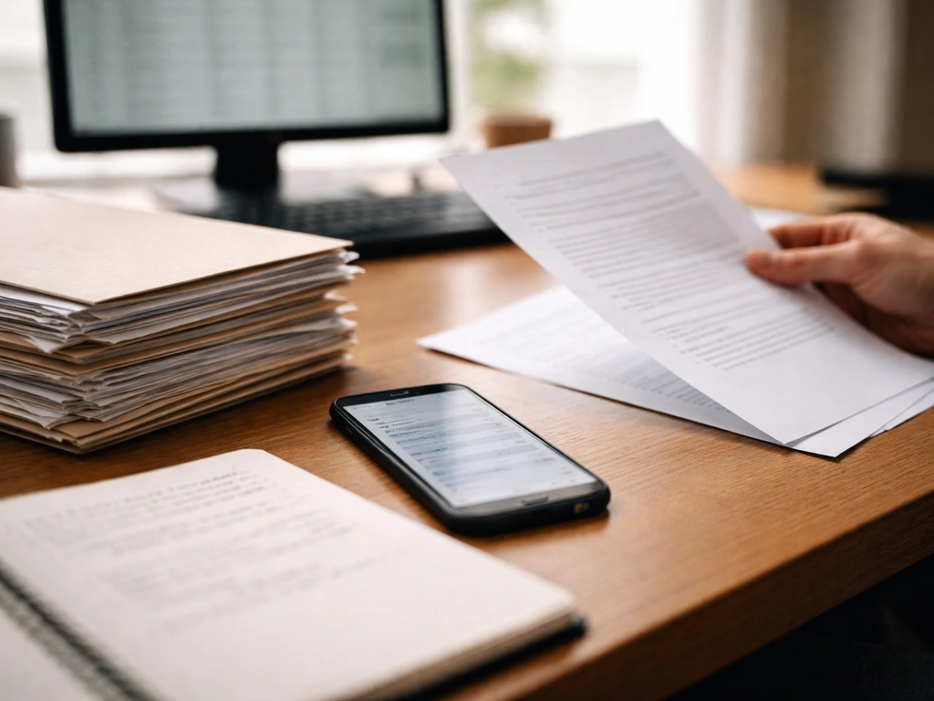 Desk with corporate registry papers, a phone with blurred search results, and cross-checking notes