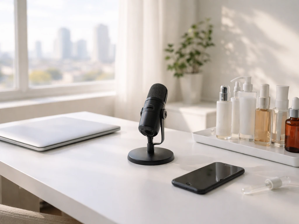 Minimal studio desk with skincare bottles, a microphone, and a laptop in natural light, no people.
