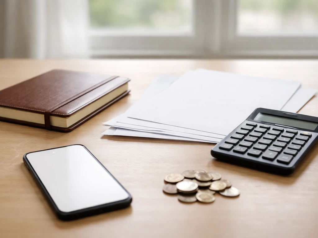 Minimal desk scene with scattered documents, a calculator, and a smartphone next to coins for net-worth estimate context