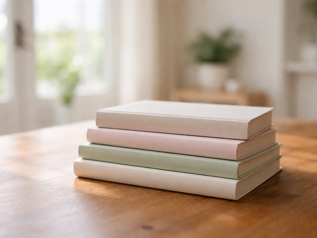 A neat stack of skincare books with visible spines on a wooden table in soft natural light.