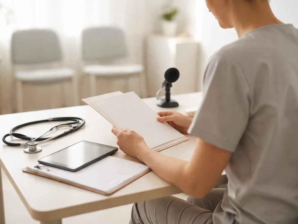 Clinician-like professional reviewing notes beside a laptop in a bright clinic consultation room