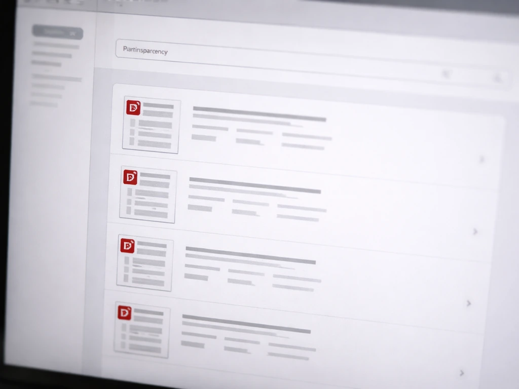 Close-up of an official transparency portal search results list with PDF document entries visible, no readable text.