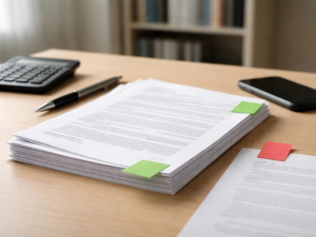 Close-up of blank financial papers, calculator, and colored sticky tabs suggesting a pass/fail sanity check.