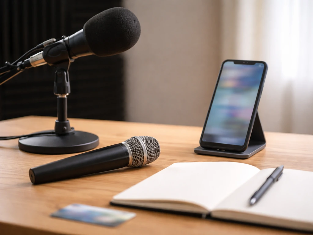 Minimal photo of a studio desk with microphone and phone showing blurred social-style icons, symbolizing online creator
