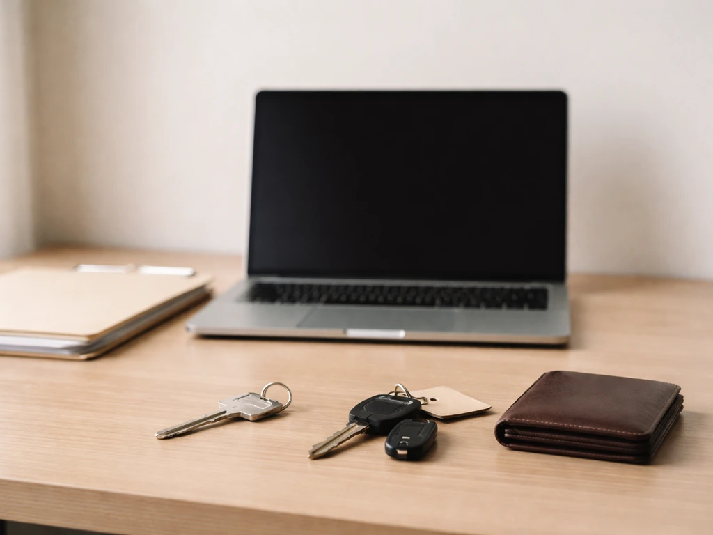 Minimal desk scene with keys, folder, and laptop suggesting asset research categories.