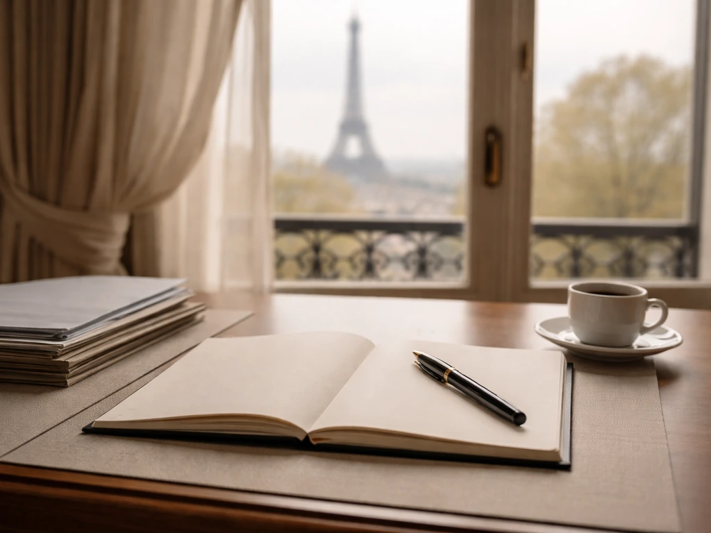 Minimal Paris research desk with open notebook and pen, soft Eiffel Tower blur outside window.