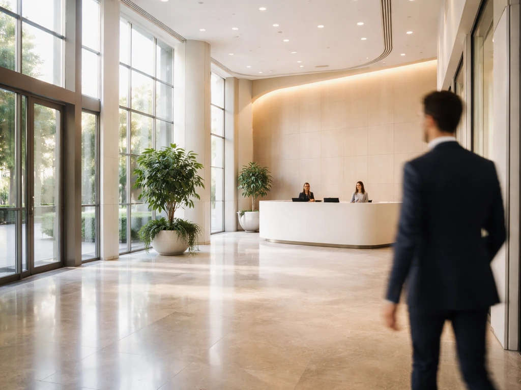 Minimal corporate office lobby scene symbolizing a long career at a major cosmetics company.