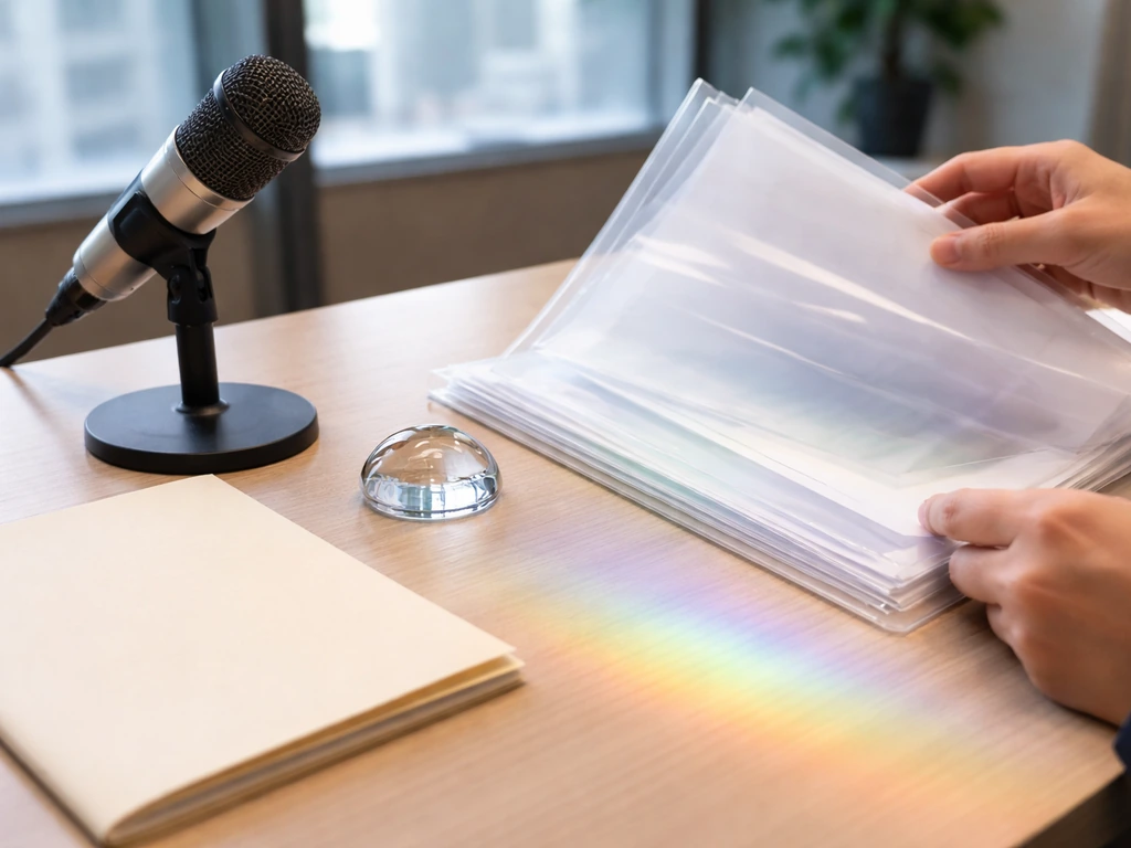 Minimal office desk scene with translucent light bands implying confidence and evidence around a folder.