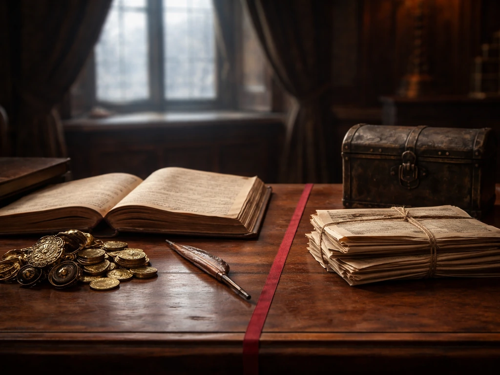 A quiet desk scene with an open ledger, coins, and debt papers separated by a red ribbon.