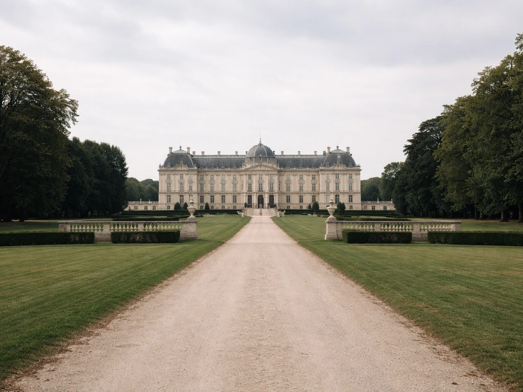 Wide exterior view of a grand palace estate with manicured grounds and trees, no people