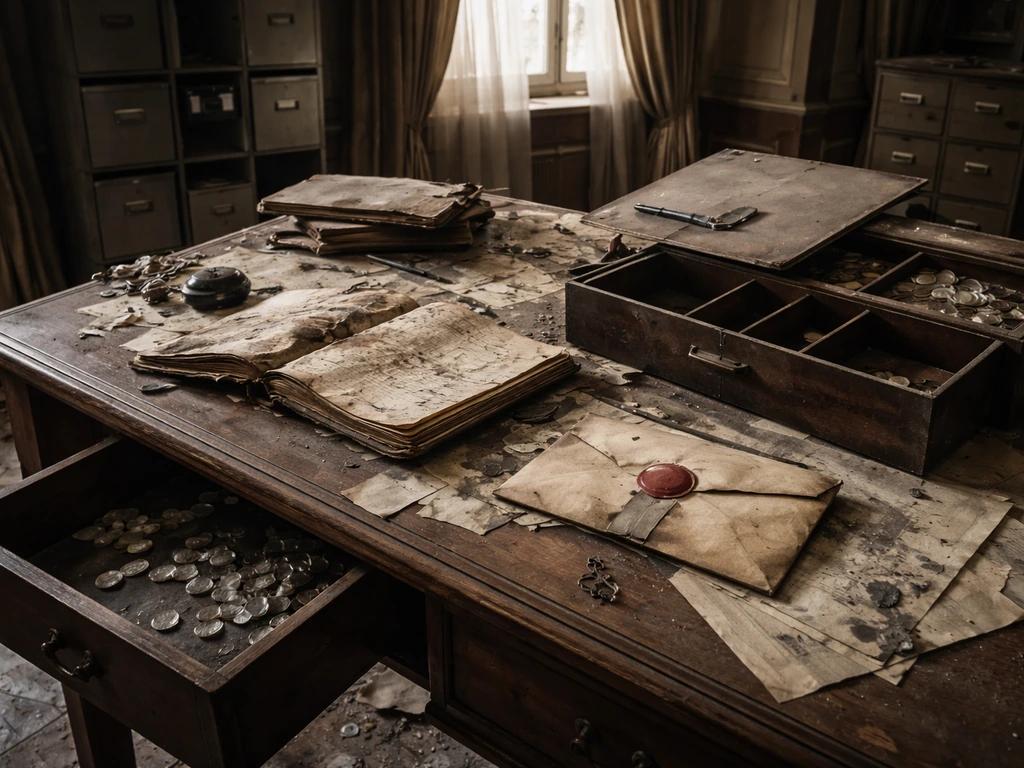 Abandoned palace office desk with broken sealed envelope and empty open cash drawer, suggesting confiscation aftermath.