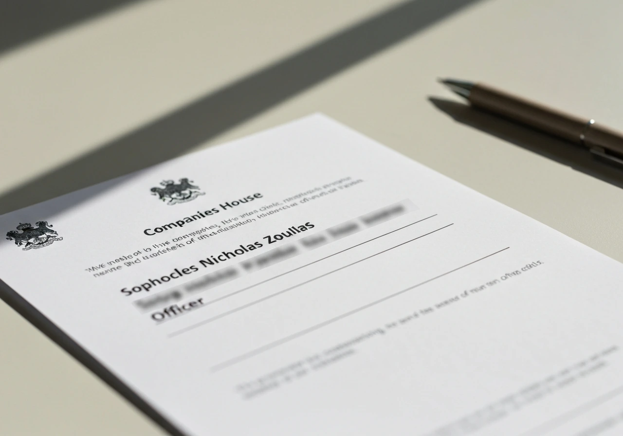 Blurred mock UK Companies House-style document showing an officer name entry variant