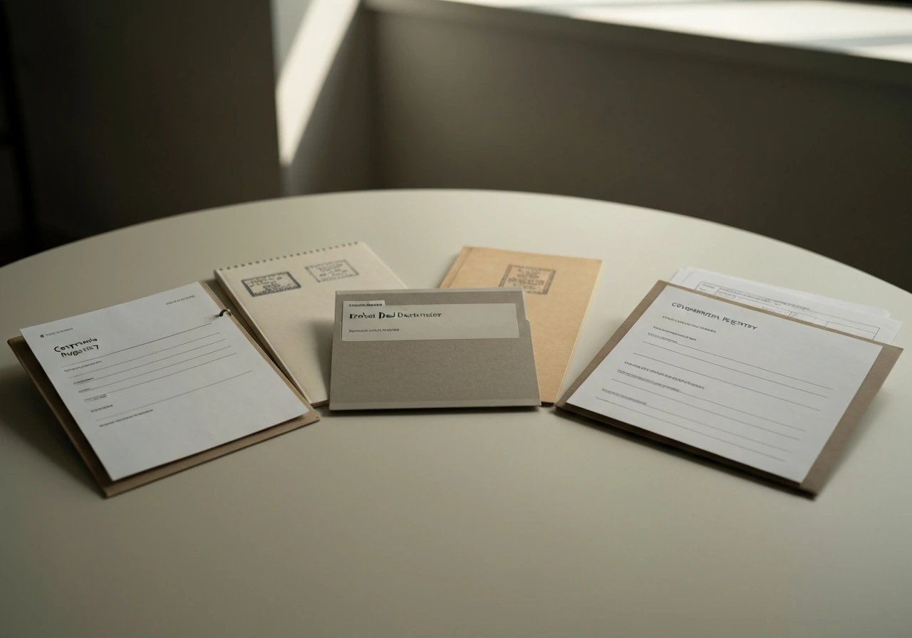 Minimal tabletop scene with neatly arranged file folders and document-style icons representing public records sources.