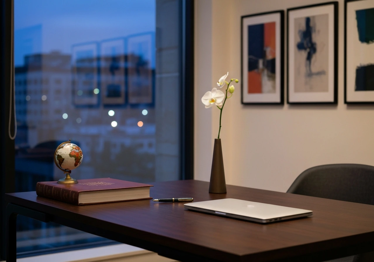 Luxury office desk with closed laptop, art books, and a small globe—symbolic finance and art-collector lifestyle.