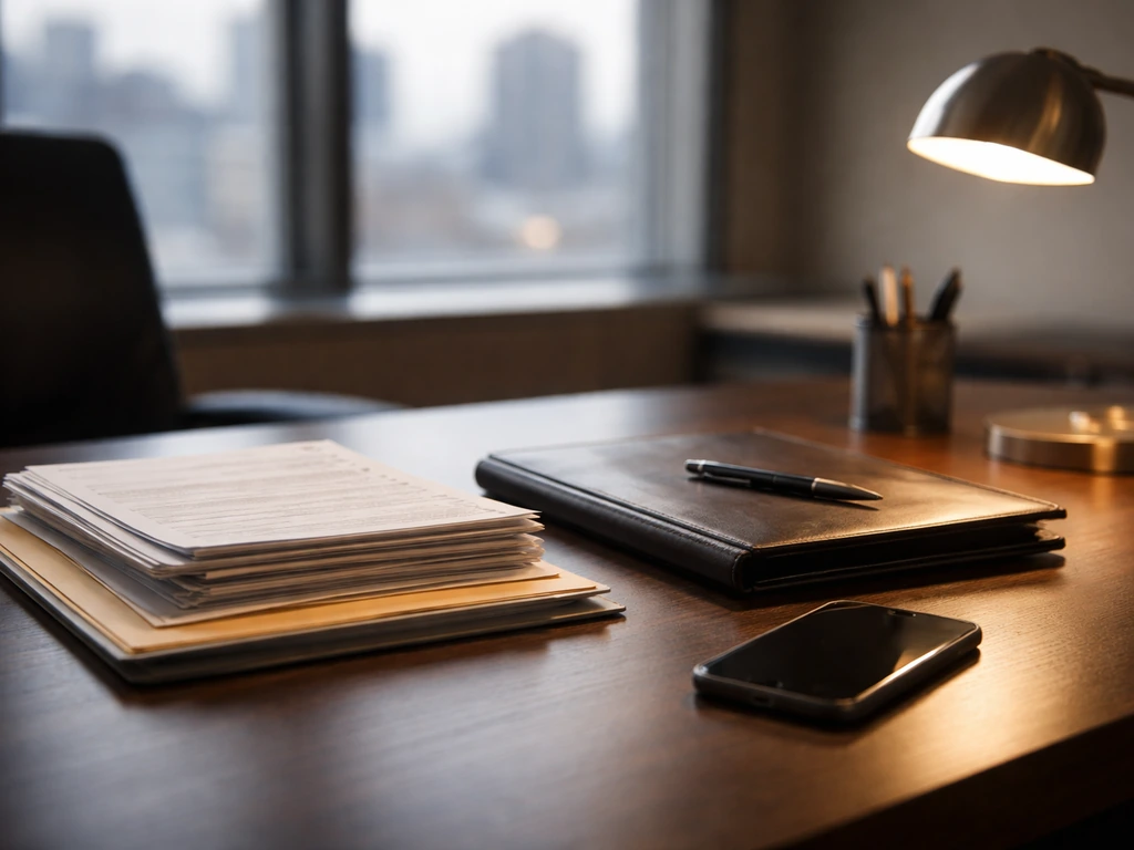 Minimal executive desk with documents and a smartphone, symbolizing due diligence for verifying net worth claims.