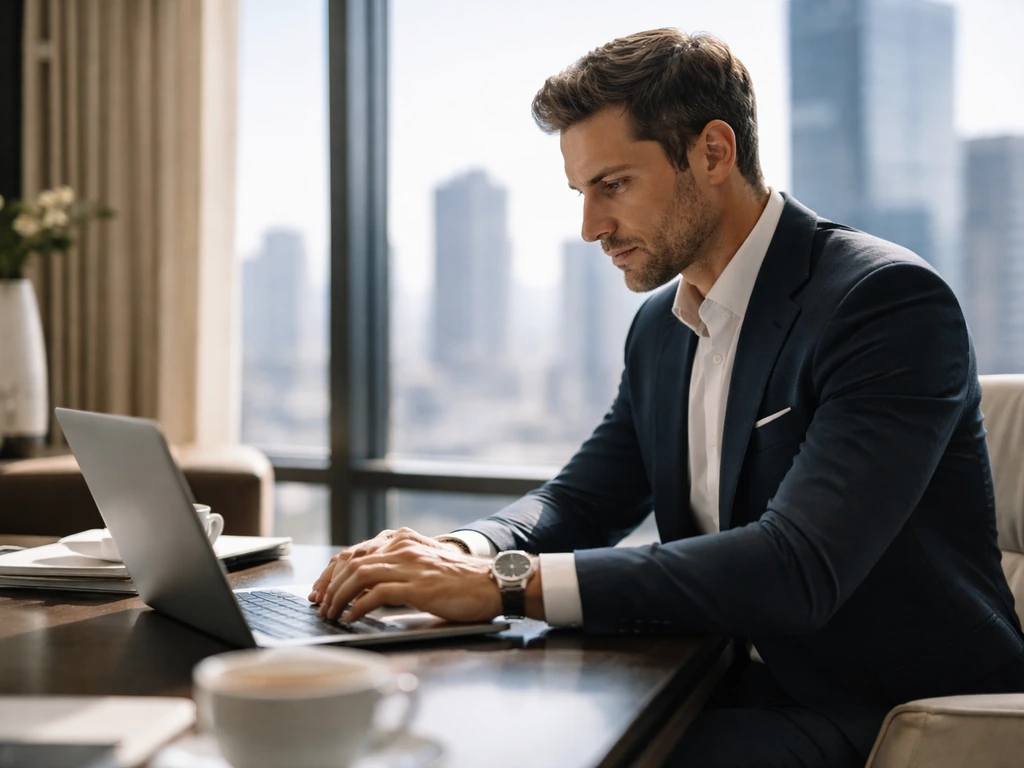 Anonymous business executive at a desk in a modern finance office with city skyline outside the window.