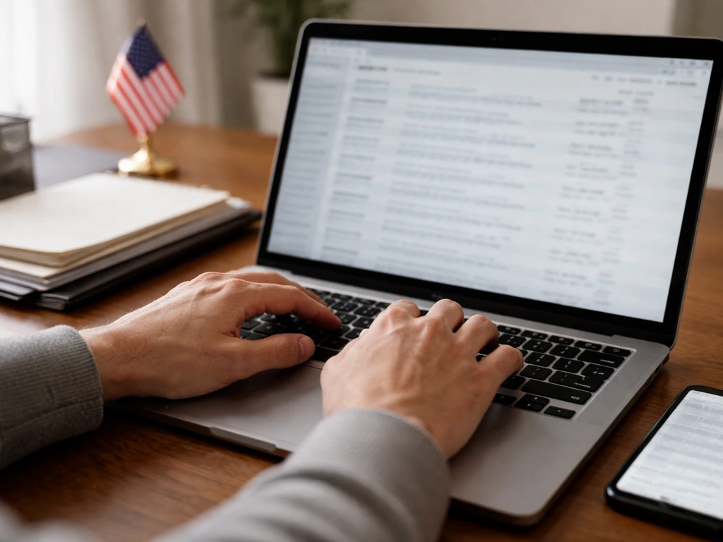 Hands typing on a laptop beside finance documents, with a blurred search-results page concept on screen