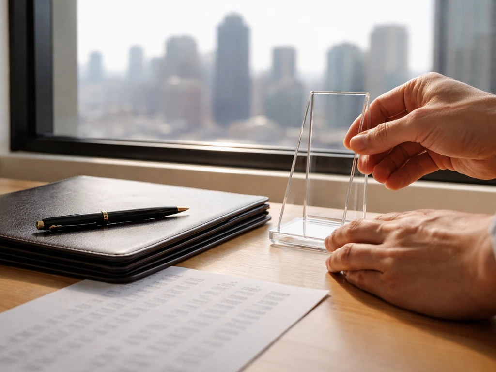 Anonymous hands adjust a business desk with a pen and folder, hinting at financial modeling and money range.