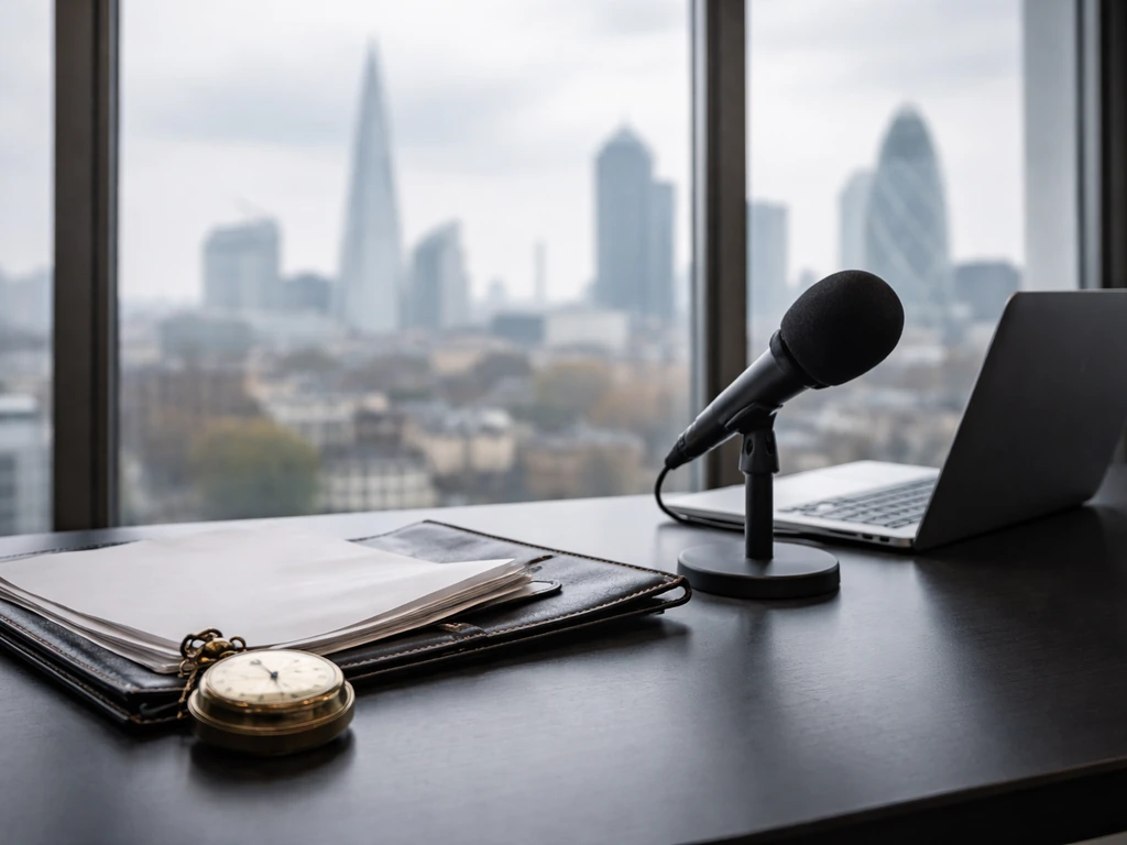 Minimal London office desk with microphone, laptop, and unlabeled documents symbolizing fund management.