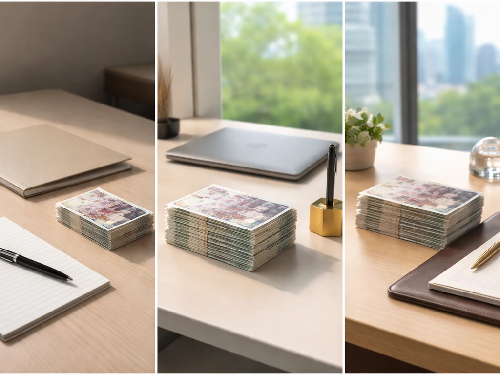Three-panel office money scenes showing low, base, and high wealth assumptions with no text.
