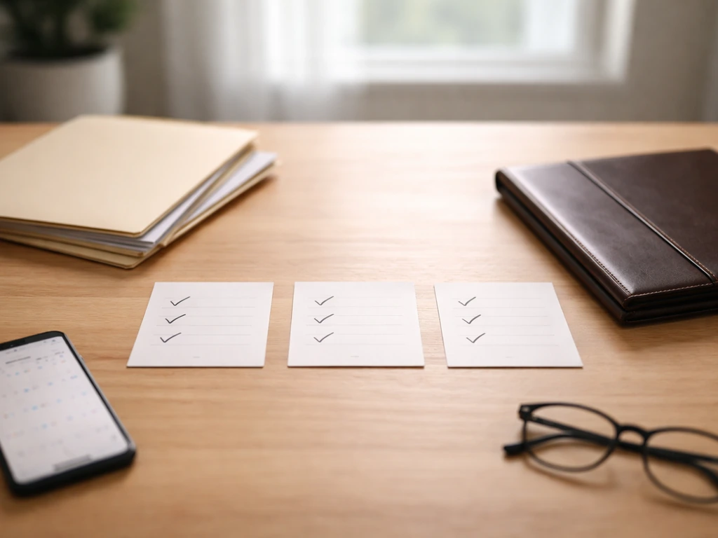 Minimal desk scene with checklist cards and folder items symbolizing verification for net worth estimates