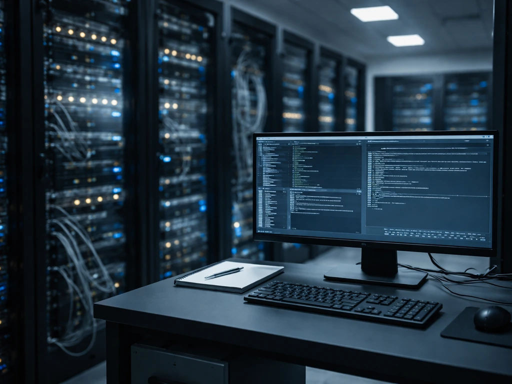 Minimal data center scene with server racks and cables suggesting web hosting and managed infrastructure.