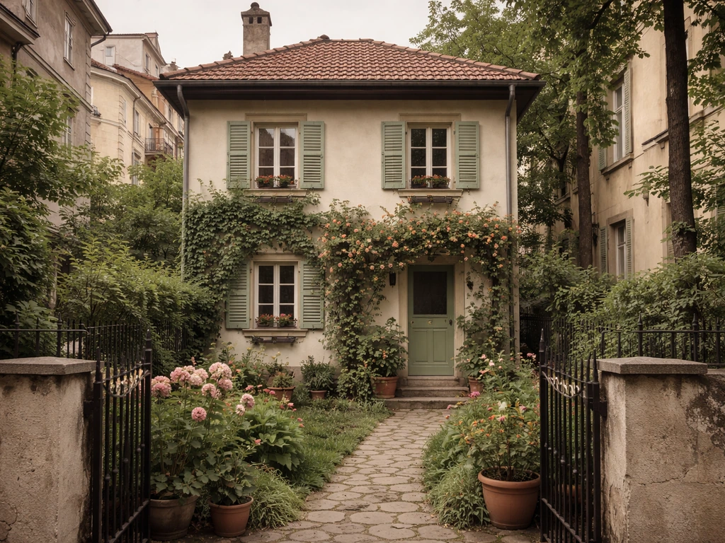 Exterior view of a quaint two-story house in Sofia, Bulgaria, with a small garden path in muted light.