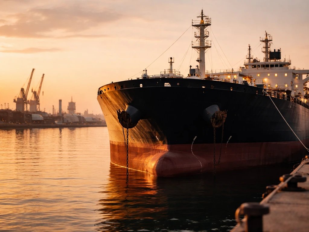 Oil tanker at sunset in calm harbor, evoking the Greek shipping executive identity.