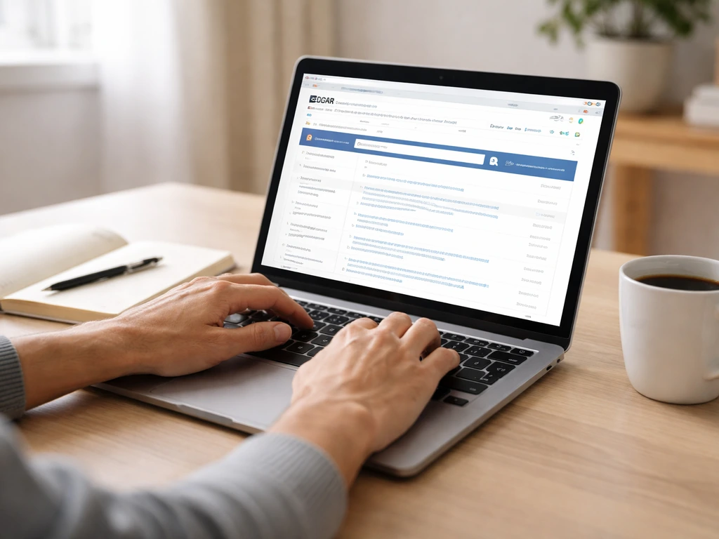 Anonymous hands verifying SEC EDGAR filings on a laptop with the browse page open.