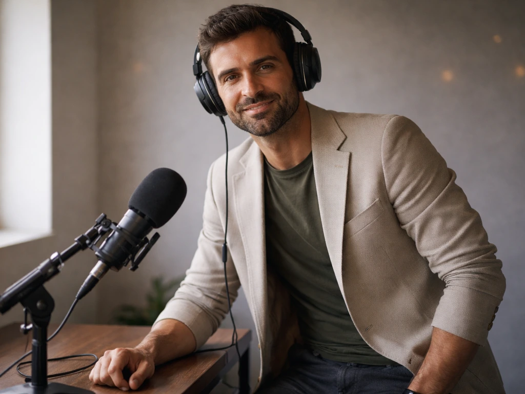 Spanish TV/entrepreneur vibe: man in studio wearing headset near microphone, simple backdrop, no recognizable likeness