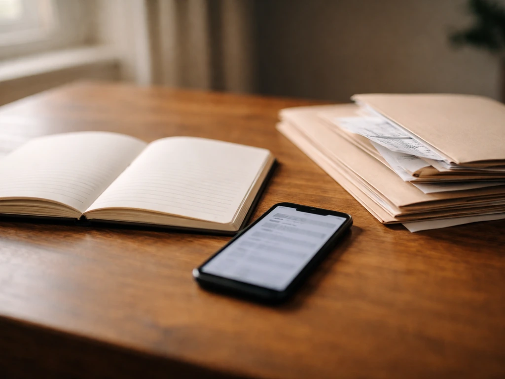 Minimal desk scene with open notebook, smartphone, and documents suggesting research and income-source verification