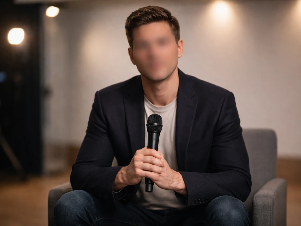 Anonymous reality-TV host on a dim studio set holding a microphone under soft lights