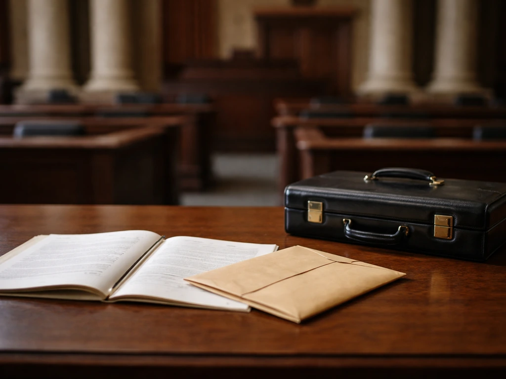 Empty courtroom with scattered legal documents and a sealed envelope beside a closed briefcase