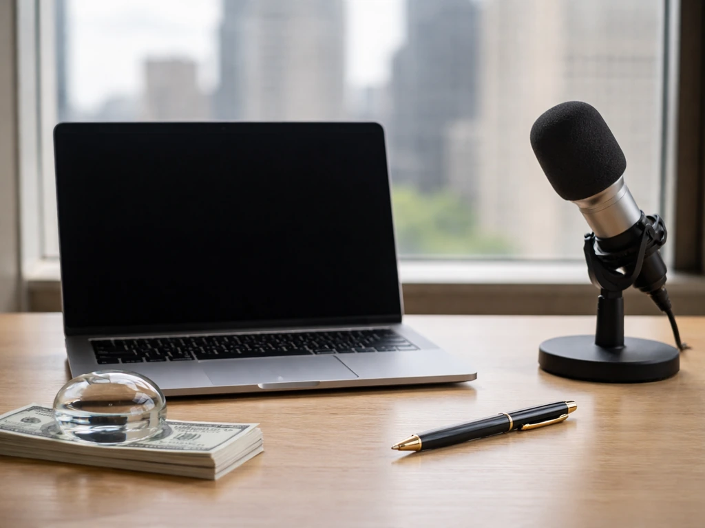 Minimal desk scene with laptop and microphone, symbolizing finance research and estimated net worth analysis.