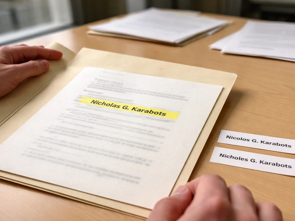 Minimal desk scene with open SEC filing folder and a highlighted document referencing Nicholas G. Karabots