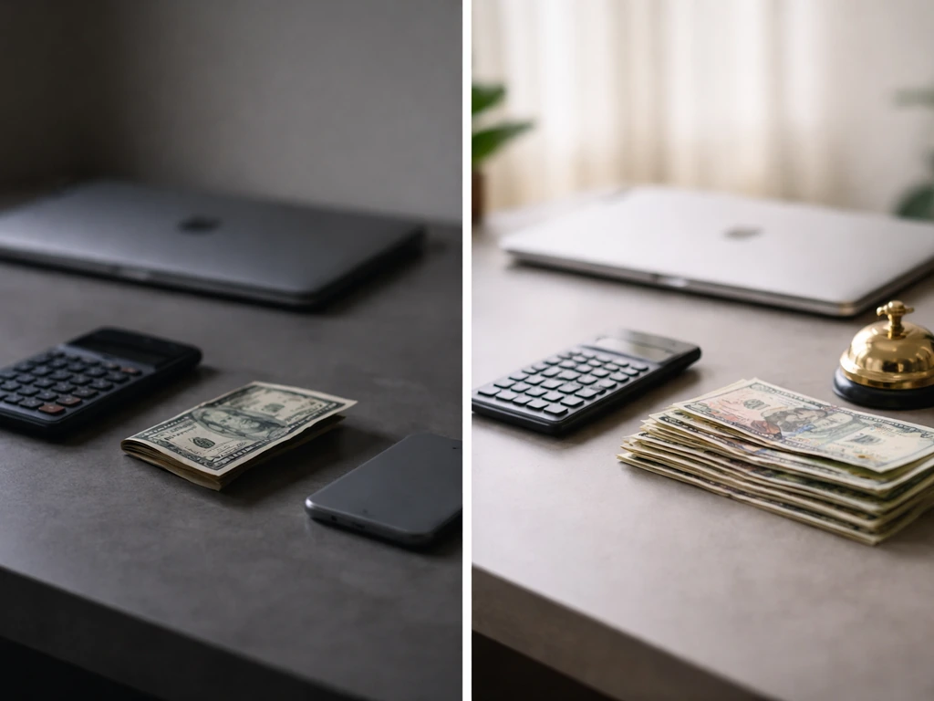 Minimal split desk scene with finance items suggesting contrasting net worth estimates, no people or text.