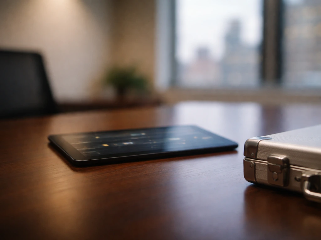 Minimal photo of a wealthy business office desk with a tablet showing charts blurred, symbolizing AMREP equity holdings