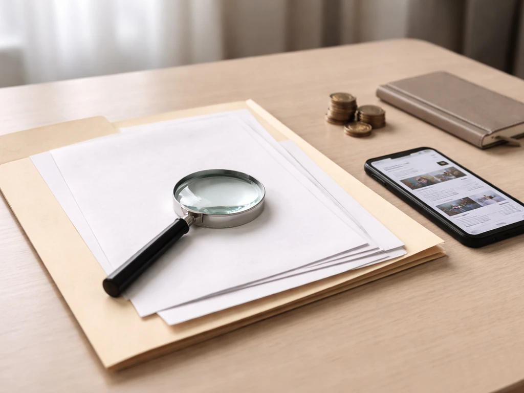 A magnifying glass over printed papers beside coins and a phone on a simple desk, symbolizing estimate auditing.